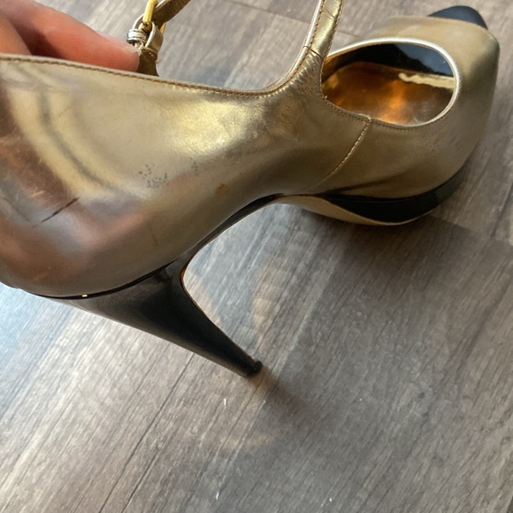 Miu Miu Platform Heels Gold Black Peep Toe - Picture 5 of 9